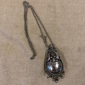 Perfume flask flacon pendant necklace boho silver tone w/ cabochon